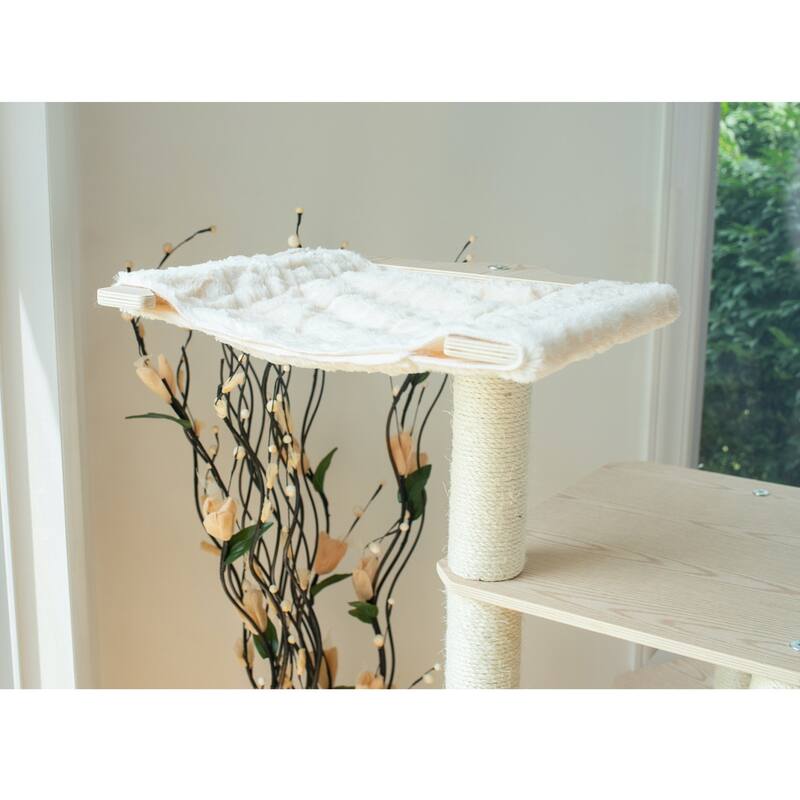 Real Wood Premium Scots Pine 54-Inch Cat Tree with Three Levels, Perch, Condo - Natural Beige
