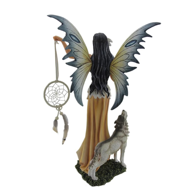 Una And Tala The Native American Dream Fairy And White Wolf Statue - 15 X 10 X 6 inches