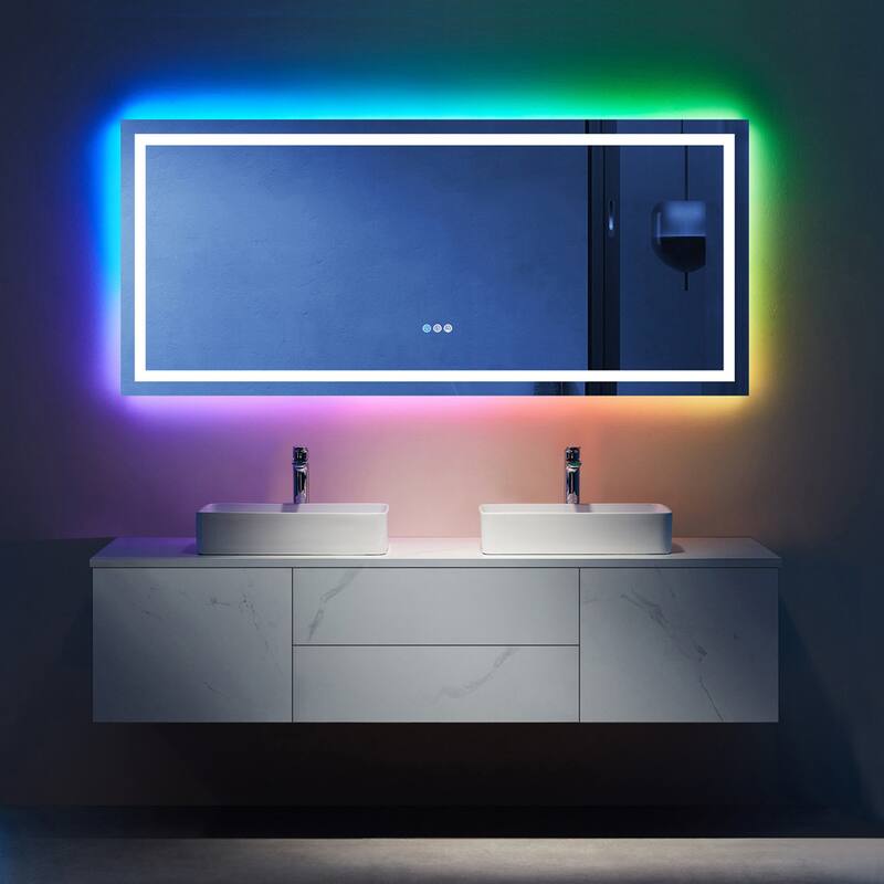 Super Bright RGB Backlit & LED Frontlit Anti-Fog Bathroom Vanity Mirror in Tempered Glass & ETL