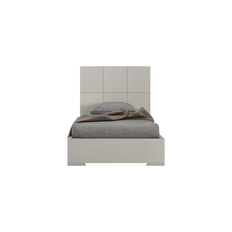 Twin Bed with Headboard - Modern Squares Design, Light Grey Gloss Finish - Homestock Renaissance Romance
