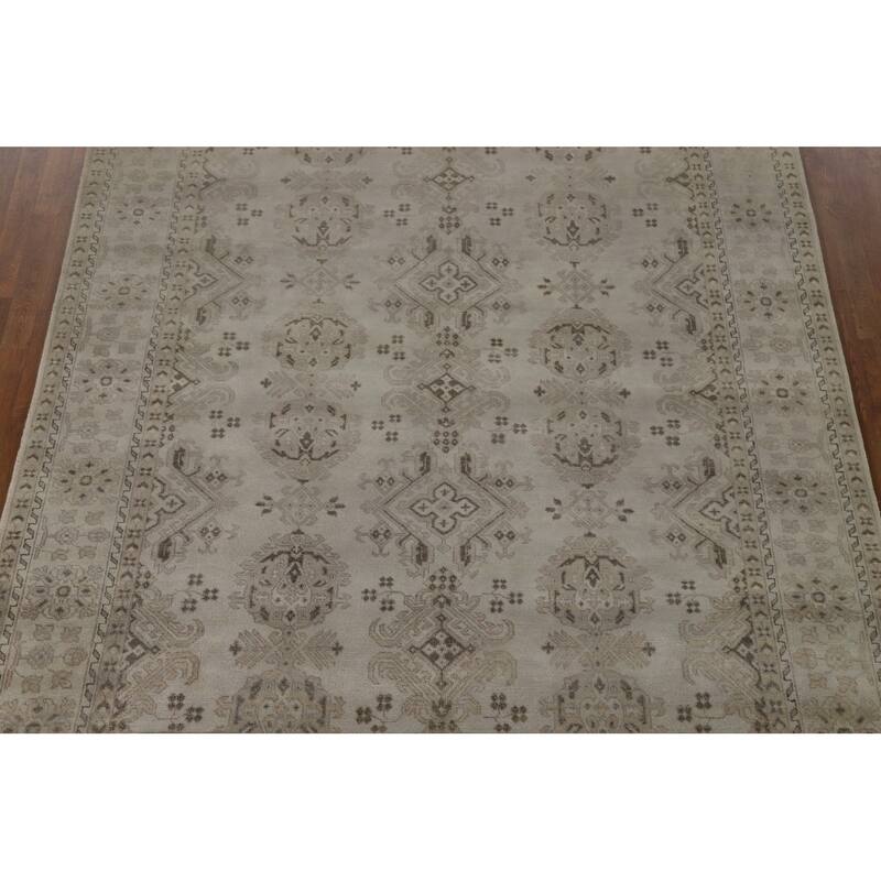Beige Oushak Area Rug Hand-Knotted Wool Carpet - 7'10"x 9'7"