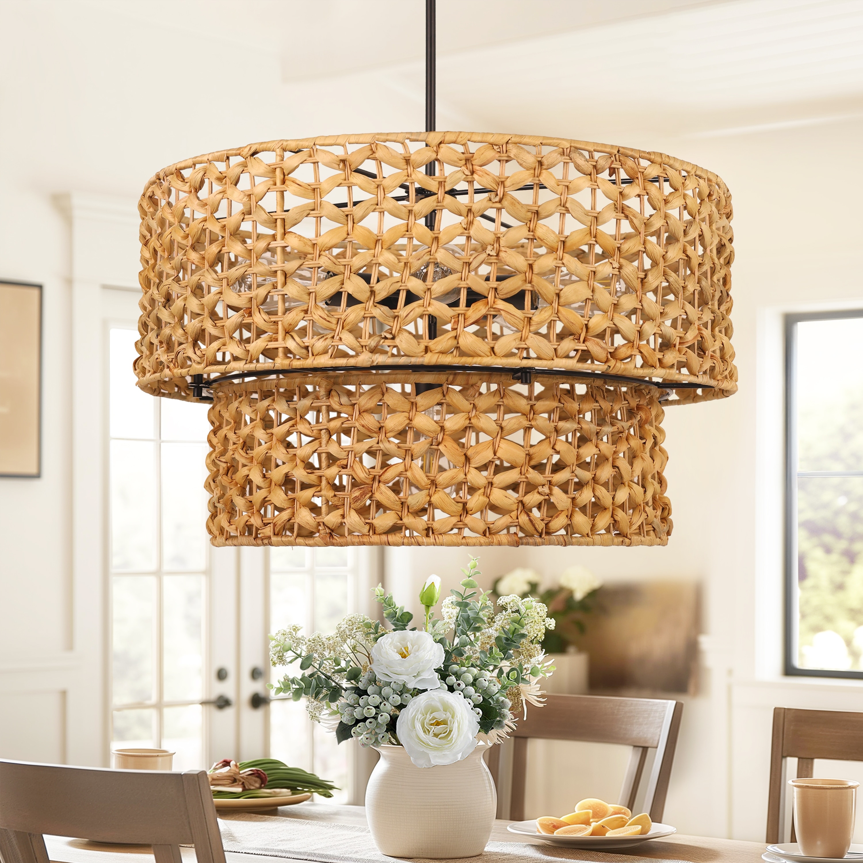 LALUZ Farmhouse 6-Light Drum Rattan Chandelier Coastal Pendant for Dining Living Room - Dia. 26" x H 15.7"