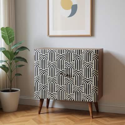 HomeRoots 32" Brown Black and White Solid Wood And Inlaid Bone Textured Accent Cabinet With Two Doors