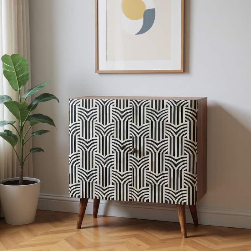 HomeRoots 32" Brown Black and White Solid Wood And Inlaid Bone Textured Accent Cabinet With Two Doors - Brown