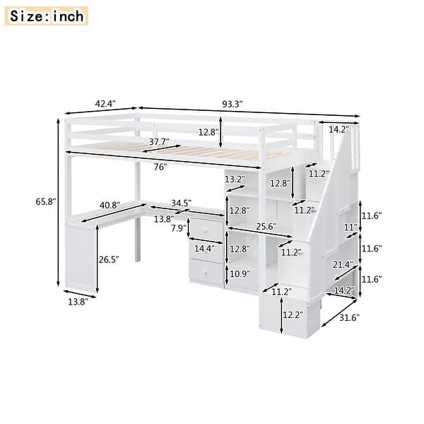 White Twin Size Loft Bed with 4 Drawers and L-Shaped Desk, Pine Wood Twin Bed Frame with Cabinet and Storage Staircase