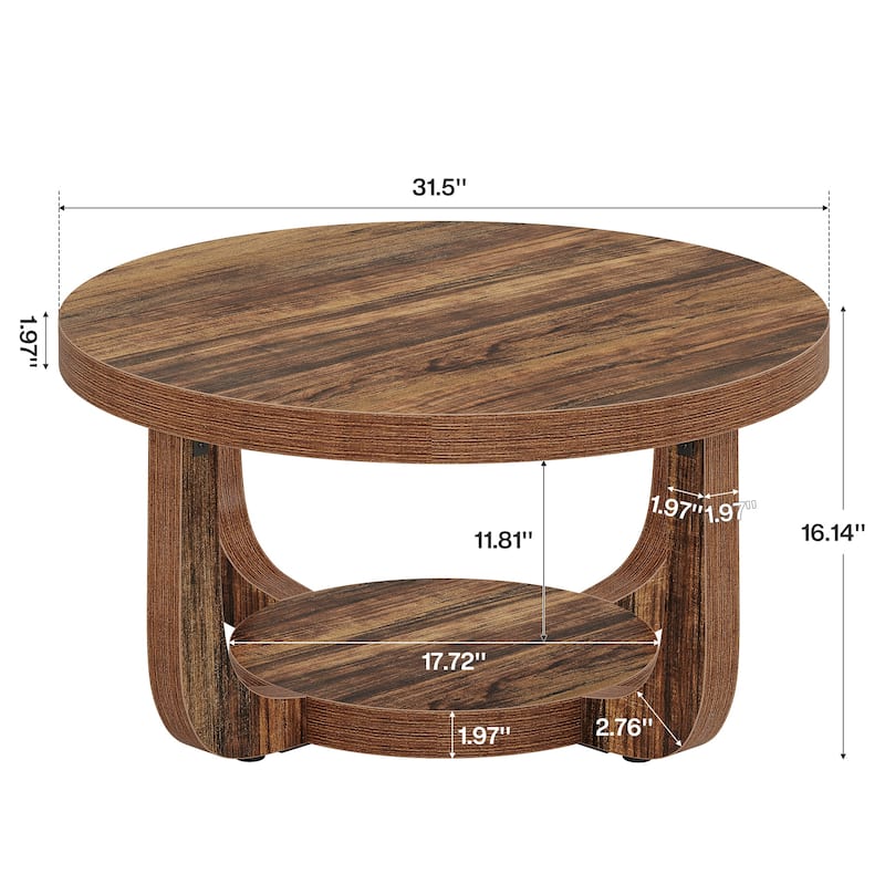 2-Tier Round Coffee Table, Wooden Accent Center Table for Living Room, Brown - Large