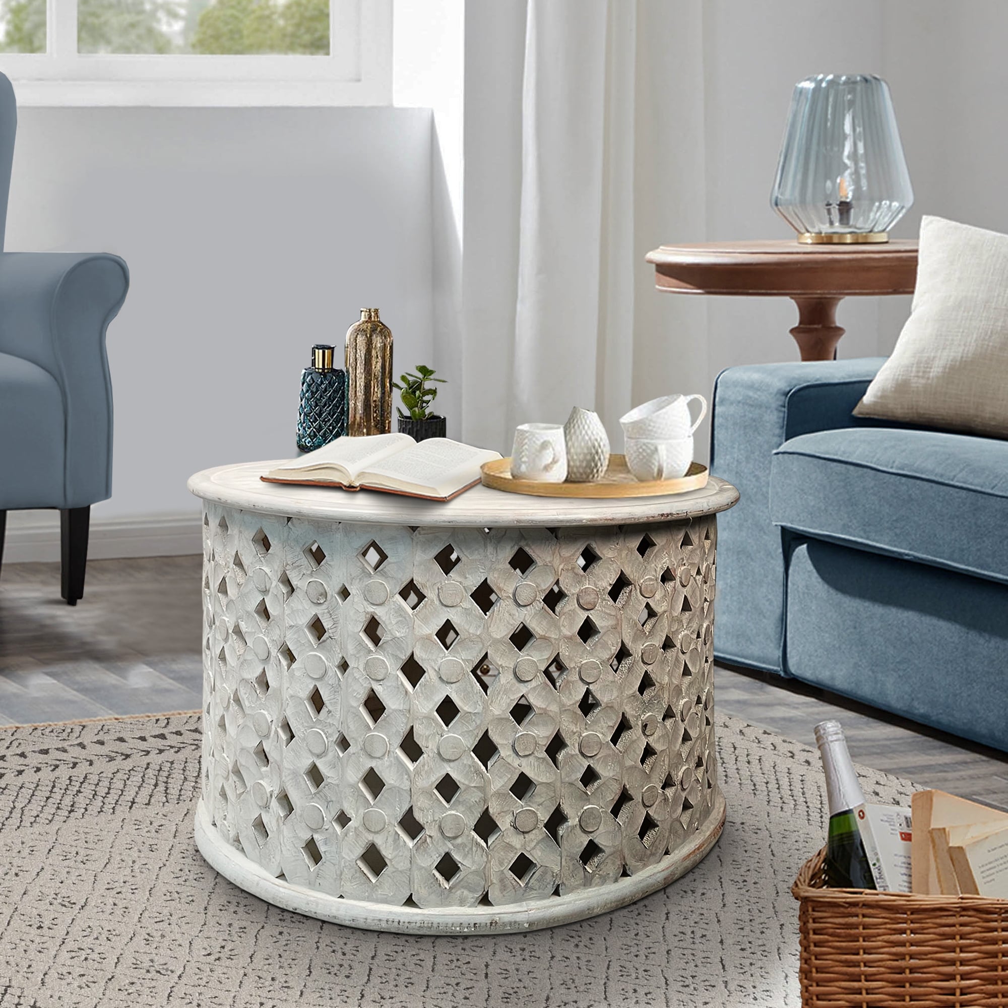28 Inch Artisanal Round Mango Wood Coffee Table Intricate Diamond Lattice Cut Out Frame Washed White