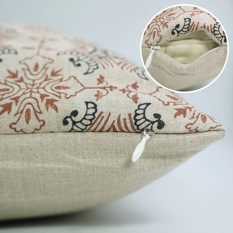 Fabdivine Sustainable Pillow Cover Soft Pure Linen Black Floral Block Print for Boho Living or Bed Room 18x18 Inch, Chakravyuh