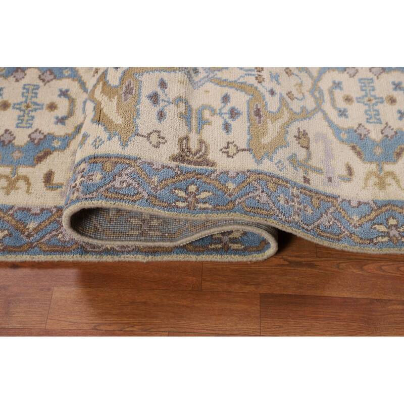 Ivory & Blue Oushak Indian Runner Rug Handmade Wool Carpet - 2'7"x 7'8"