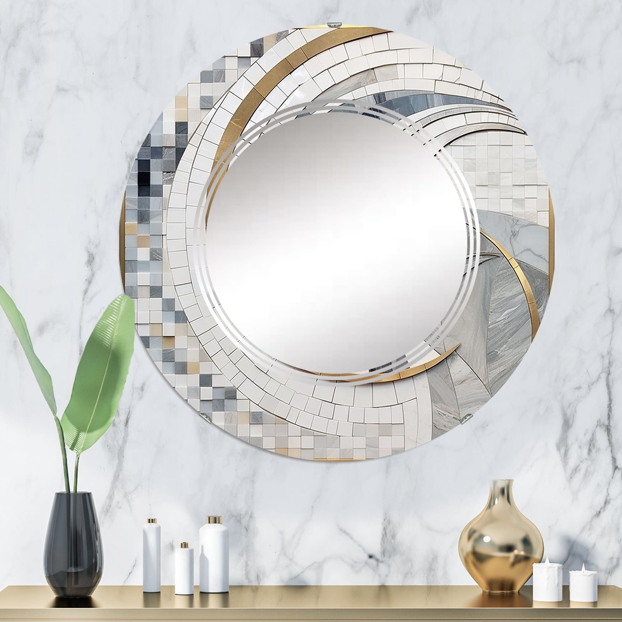 Designart "Grey and Yellow Mosaic II" Abstract Shapes Modern Wall Mirror