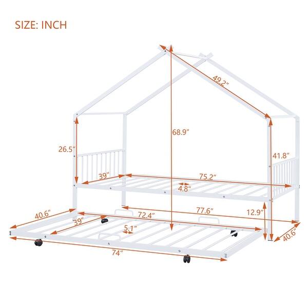 dimension image slide 2 of 3, Twin Size Metal House Bed with Trundle and Roof for Kids' Rooms