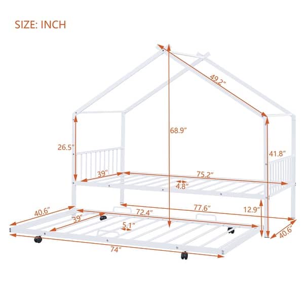 White Twin Size Metal House Bed with Trundle & Roof