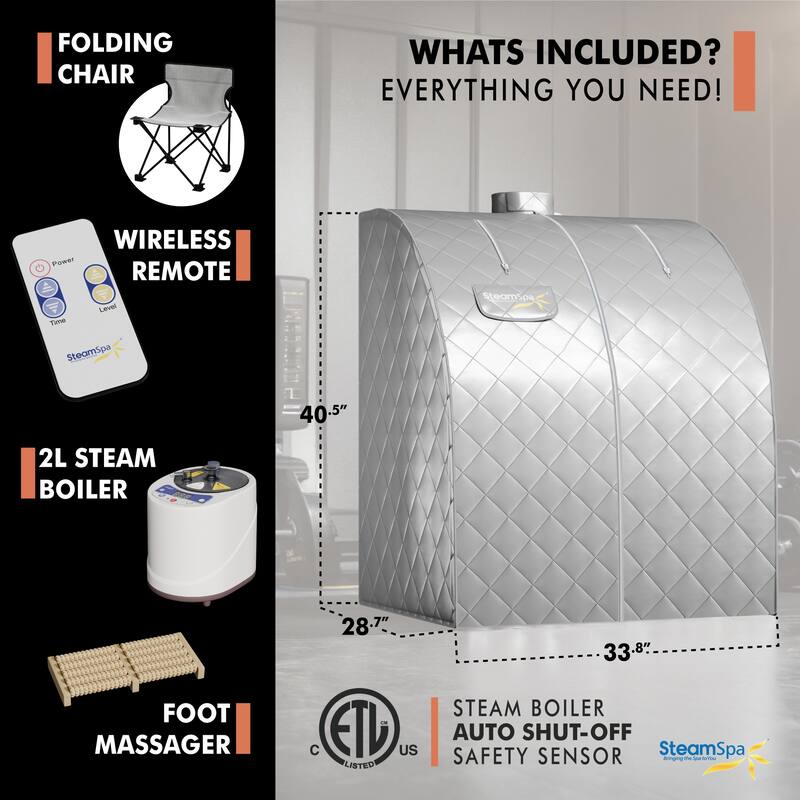SteamSpa Portable 1-Person Indoor Home Sauna with Digital Controller, Folding Chair & Foot Massager