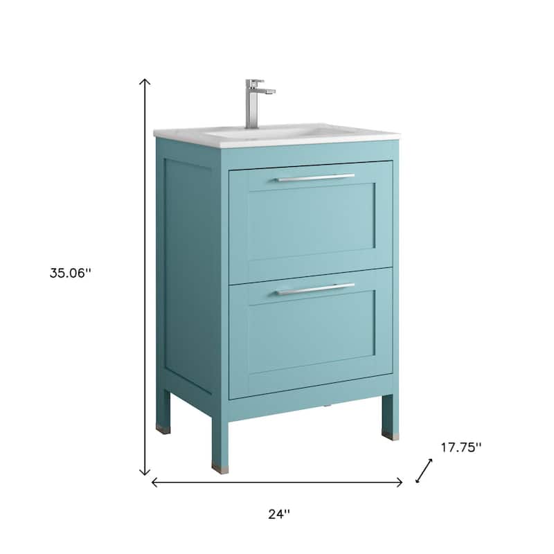 HomeRoots 24" Blue Wood Freestanding Bathroom Vanity With White Sink And Two Drawers - 24.00 in. x 35.06 in. x 17.75 in.