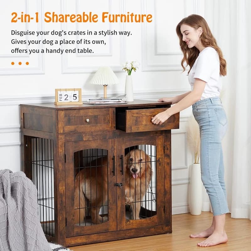 Dog Crate Furniture with Drawers, Wooden Kennel Table with 3 Doors