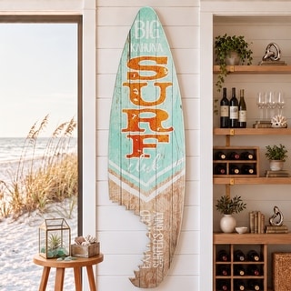 Big Kahuna Surf Club Shark Bite Wood Surfboard Plaque Wall Sign