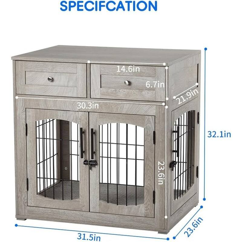 Dog Crate Furniture with Drawers, Wooden Kennel Table with 3 Doors