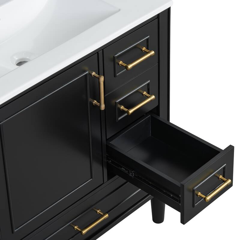 Solid Wood Bathroom Vanity with Ceramic Sink, Bathroom Storage Cabinet with 3 Drawers, Soft Close Doors & Built-in Shelf