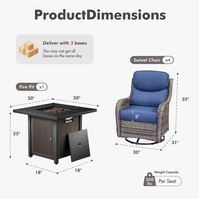 Meyreso 5-Piece Outdoor Patio Wicker Fire Pit 4 person Conversation Set with 5-Inch Thick Cushions