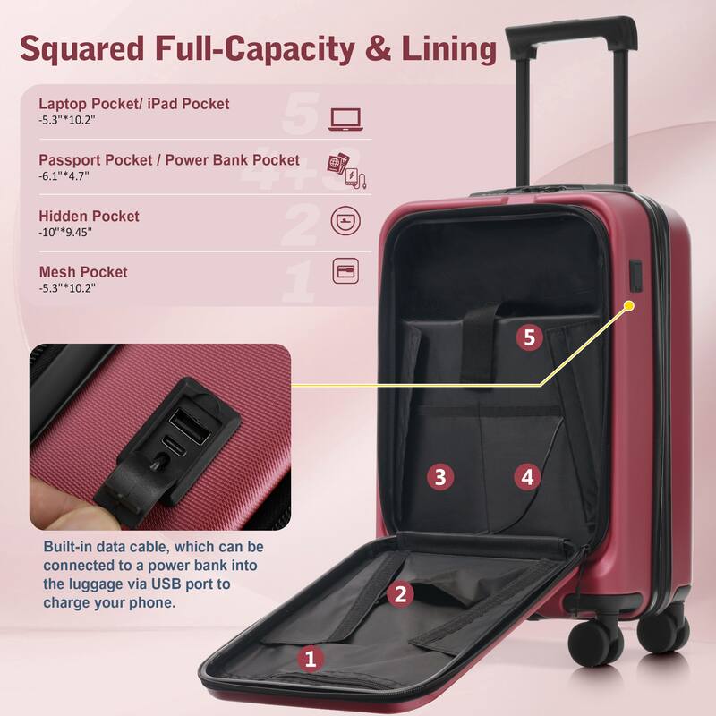 Luggage Sets 5 Piece with Front Opening, Hardside Expandable Carry On Suitcase Set with Double Spinner Wheel, with USB Port