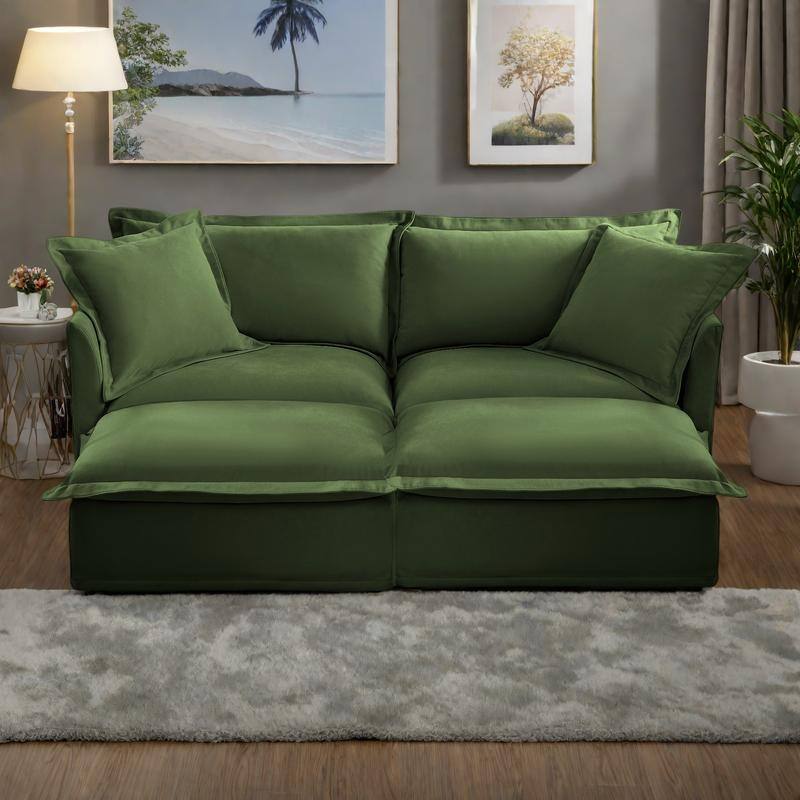 83.4" Chenille 2-Seater Sofa Set with 2 Ottomans, Sleeper Function & Removable Slipcovers - Green
