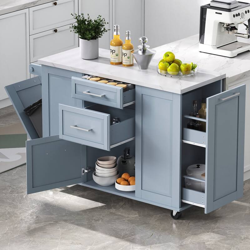 Kitchen Island with Storage Tilt Trash Can Cabinet and Pull Out Cabinet Organizer