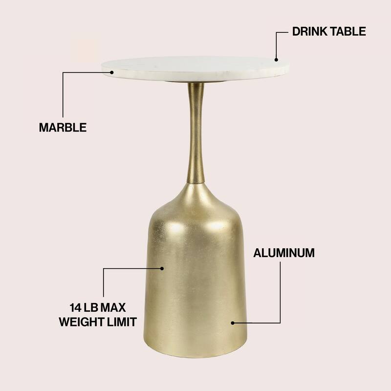 Pip 20.25″ Metal Drink, End Table w/ White Marble Round Top & Bell Pedestal Base, By JONATHAN Y