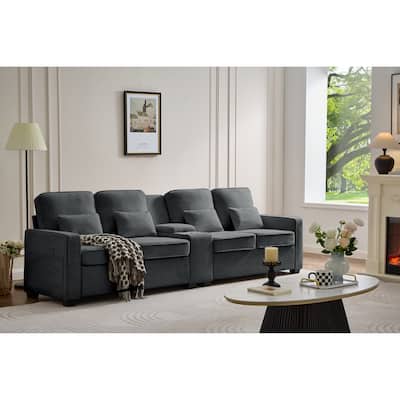 114" Upholstered Sofa with Console, 2 Cupholders and 3 USB Ports, Dark Gray