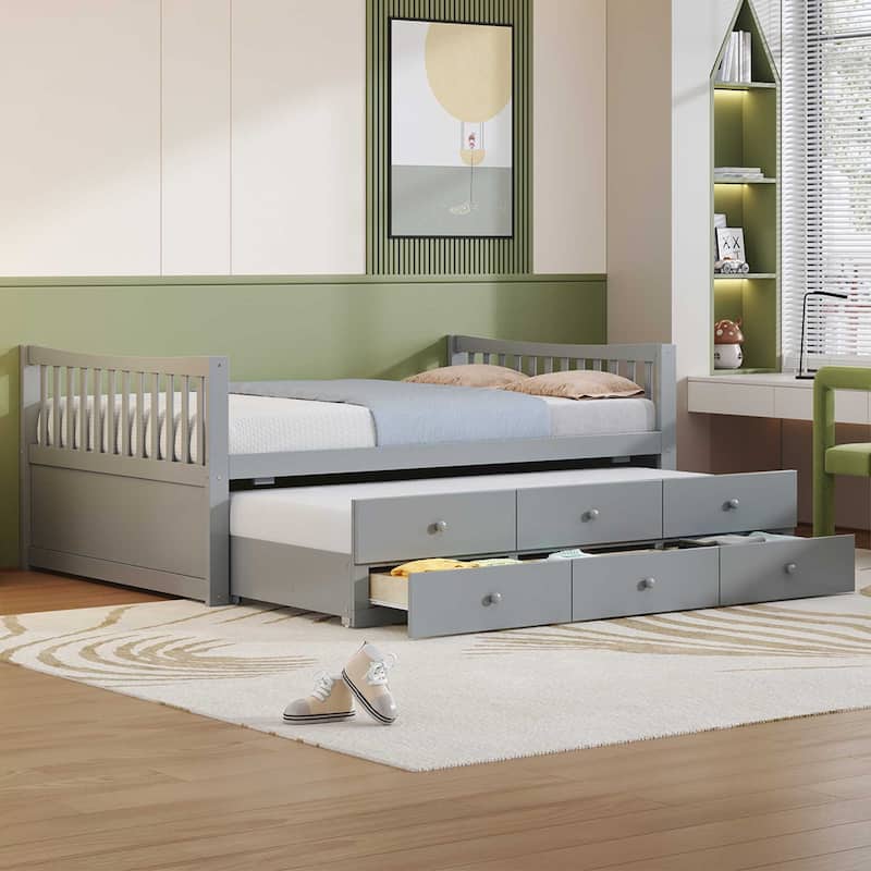 Wood Captains Bed Storage Daybed Full Size Platform Bed with Twin Size Trundle and Drawers, Built-in Smoothly Casters