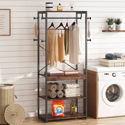 Freestanding Clothes Rack with 4 Shelves and 8 Hooks
