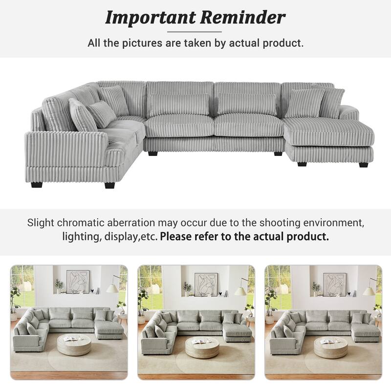 129" Grey U-shaped Corduroy Sectional Sofa with Chaise for Living Room