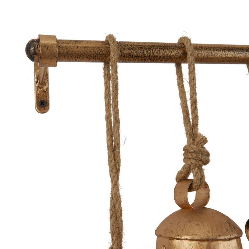 Bronze or Gray Metal Tibetan Inspired Decorative Cow Bell with Jute Hanging Rope and Rod