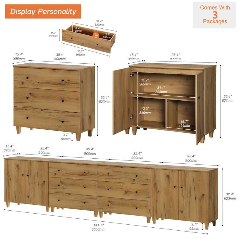 Wood Dresser with 6 Drawers and 2 Cabinets for Bedroom, 142" Wide