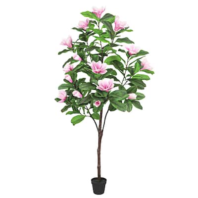 6ft Real Touch Pink Artificial Magnolia Flower Tree in Black Pot - 72" H x 27" W x 27" DP