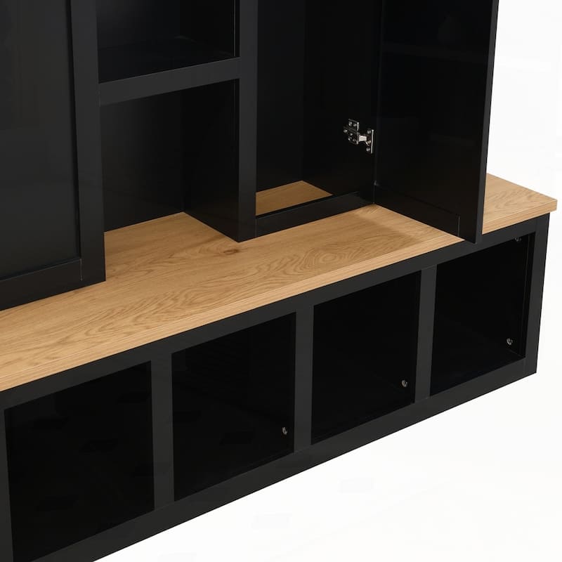 Farmhouse 4-in-1 Hall Tree with 6 Hanging Hooks, Mudroom Wood Grain Bench with Open Compartments