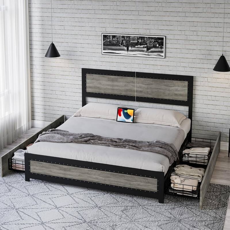 Platform Bed with Headboard, 4 Storage Drawers & Charging Station, Rivet Detail, Metal Slats, Gray