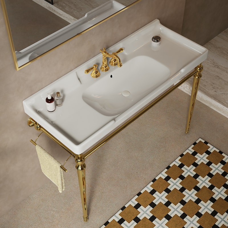 48" Wall-Mounted Bathroom Console Sink - Ceramic Vanity Basin with Stainless Steel Legs & Towel Bar