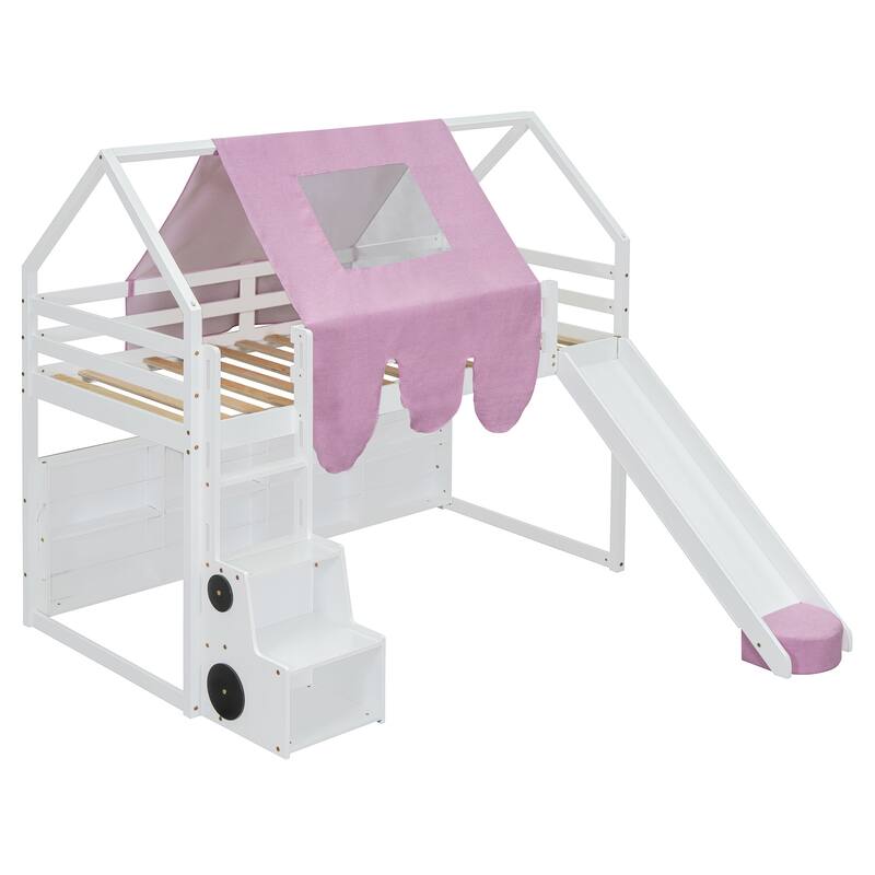Twin Wooden Loft Bed with House Frame Slide Ladder and Storage Shelves