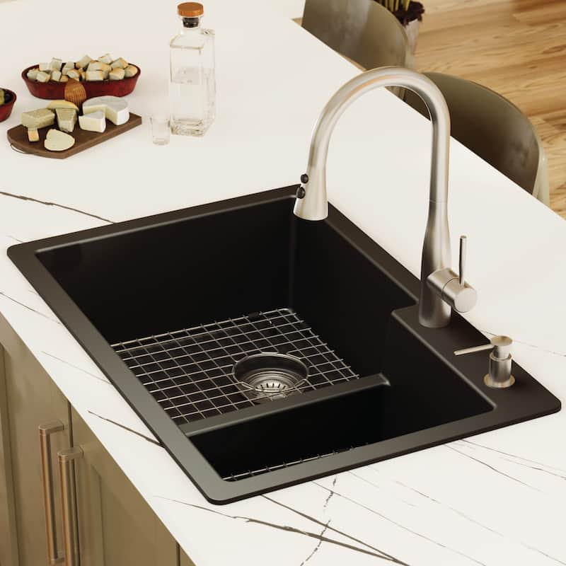 Karran 33" Top Mount Large/Small Bowl Quartz Kitchen Sink Kit - 33" x 22" x 9"
