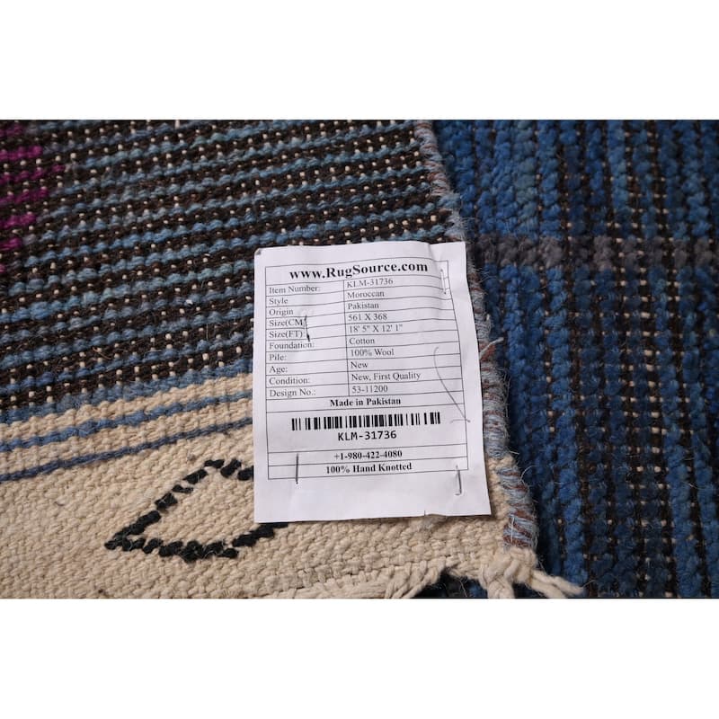 Blue Geometric Moroccan Large Area Rug Hand-Knotted Wool Carpet - 12'1"x 18'5"
