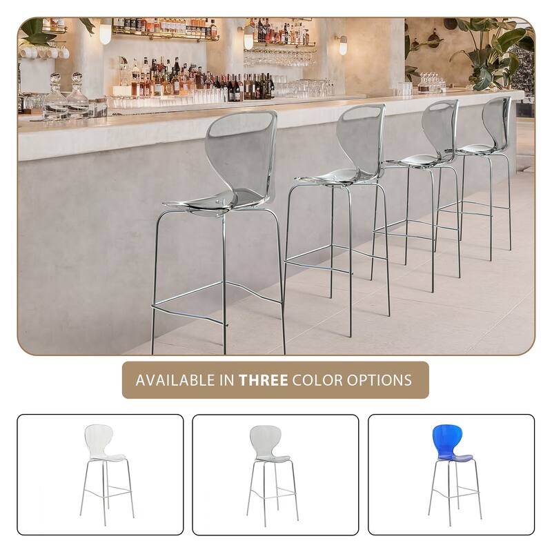 Oyster (Set of 2) 29.5" Mid-Century Modern Acrylic Bar Height Stools - Chrome Steel Frame & Stackable