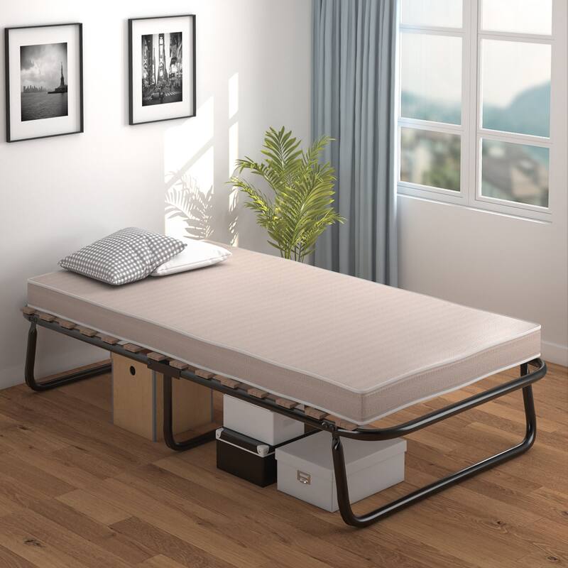 Gymax Portable Folding Guest Bed Cot with Memory Foam Mattress Twin