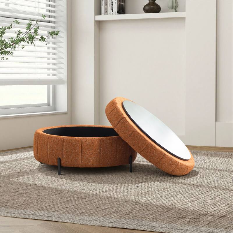 31.3"W Round Storage Ottoman, Footstool with Reversible Lid,Coffee Table,Metal Legs