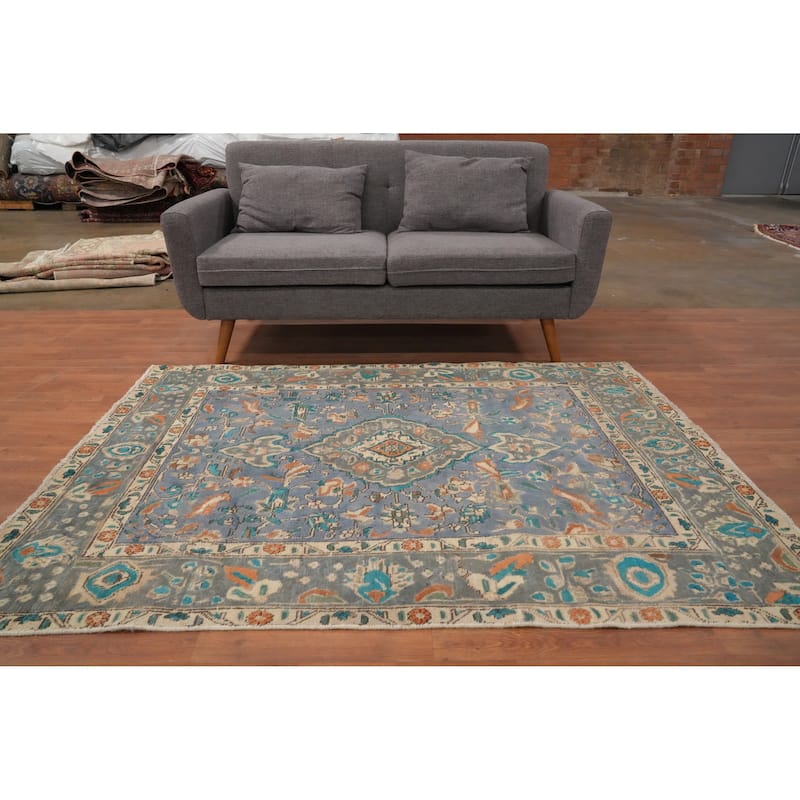 Hand Knotted Oriental 100% Wool Carpet Traditional Floral Navy Blue & Blues Tabriz Area Rug - 6' 4'' X 4' 8''