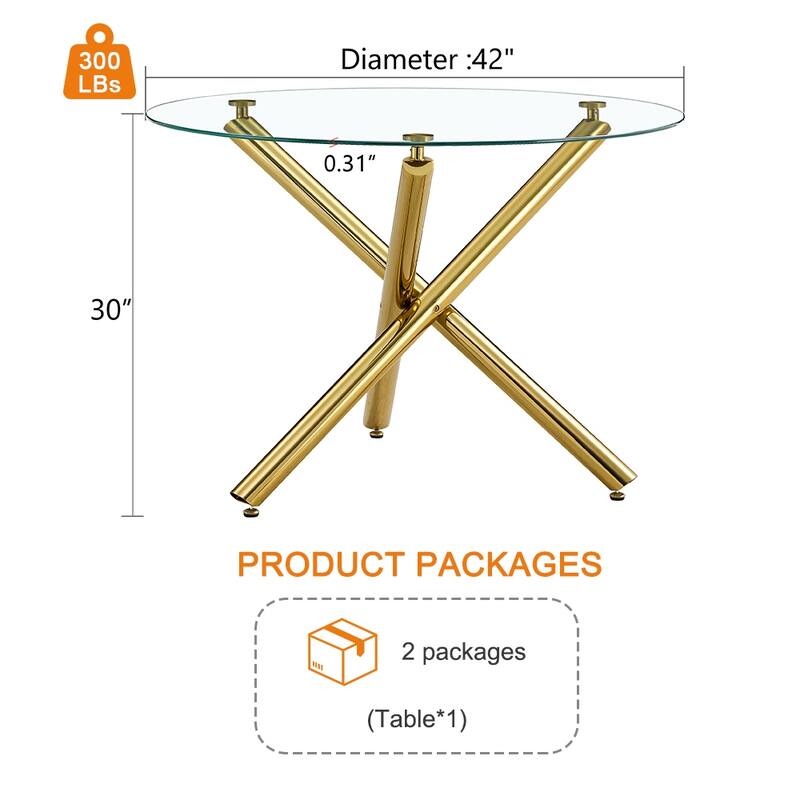 42-inch glass round table.Modern and simple, stylish choice: A glass round table with three metal table legs intersperse