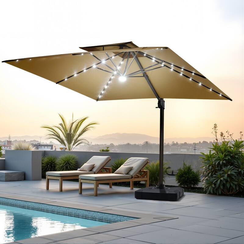 VredHom 11X11 FT Outdoor Aluminum Square Cantilever Patio Umbrella Solar LED Light with Weights Base - Tan