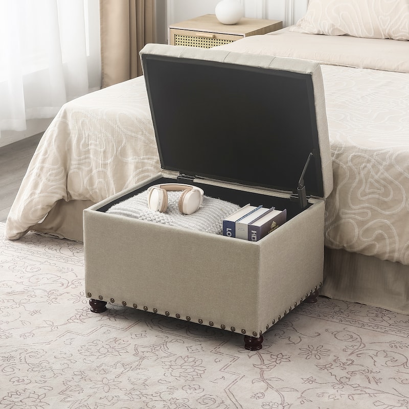 Adeco Storage Ottoman Tufted Linen Wood Bench with Nails