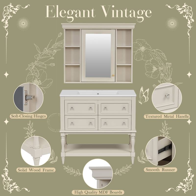 36"" Bathroom Vanity with Ceramic Sink and Medicine Cabinet, 4 Drawers, Storage Shelf, Solid Wood Frame,Bathroom Cabinet Set