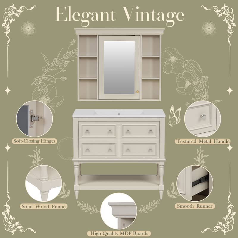 Roomfitters 36" Vanity with Medicine Cabinet, Mirror Cabinet with Shelf, Solid Wood Bathroom Cabinet with 4 Drawers