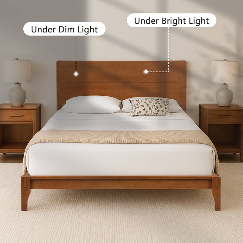 Bamboo Wood Platform Bed/Mid-Century Modern Bed Frame with Tall Headboard/Wood Slat Support/No Box Spring Needed/Easy Assembly